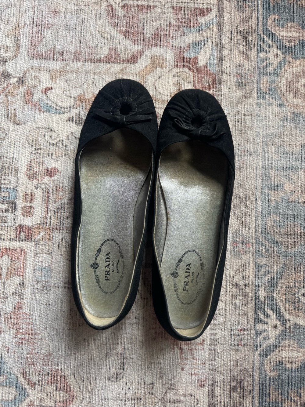 Prada Black Suede Round-Toe Ballet Flats with Knot Detail
